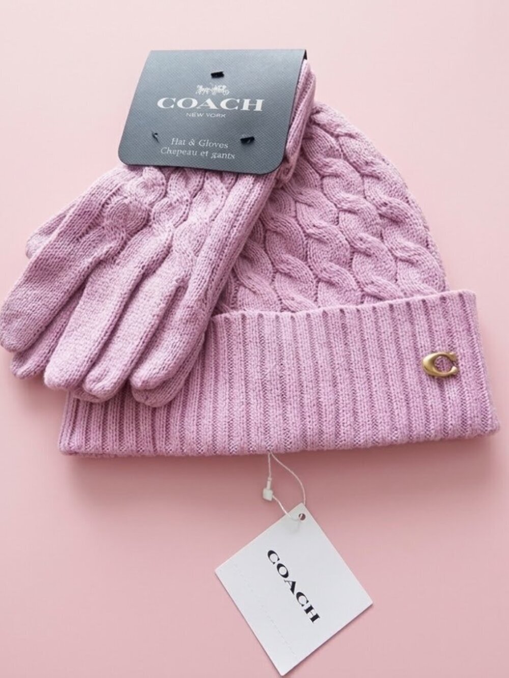 NWT Coach Lilac Cable Knit Beanie & Gloves Set